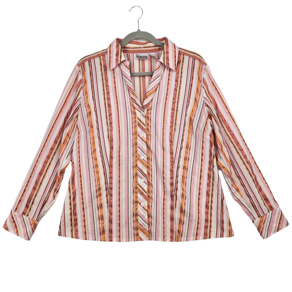 Chico's Striped Button Blouse Sz 2 US Large Red Pink White Metallic Career Glam
